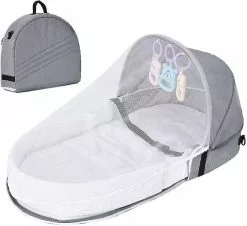 Unbranded Lit De Voyage Pour Bébé Avec Moustiquaire, Moustiquaire Pliable Coton Mignon Répulsif Contre Les Moustiques Lit Portable (gris)